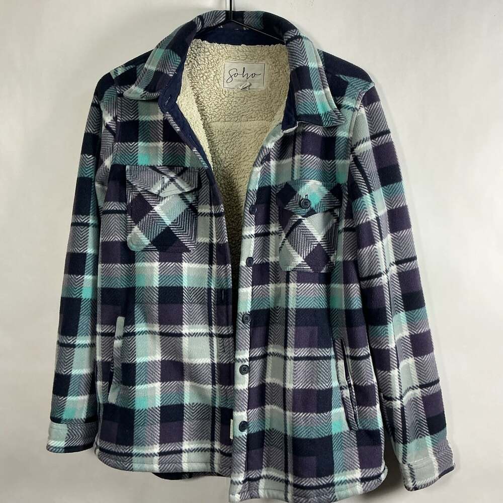 Soho Threads Women's Sherpa Lined Plaid Flannel Shacket Jacket Blue Purple